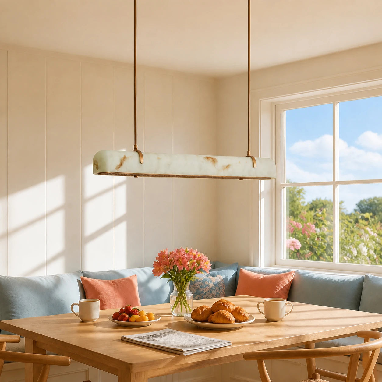 Marielle linear veined glass chandelier in a bright breakfast room