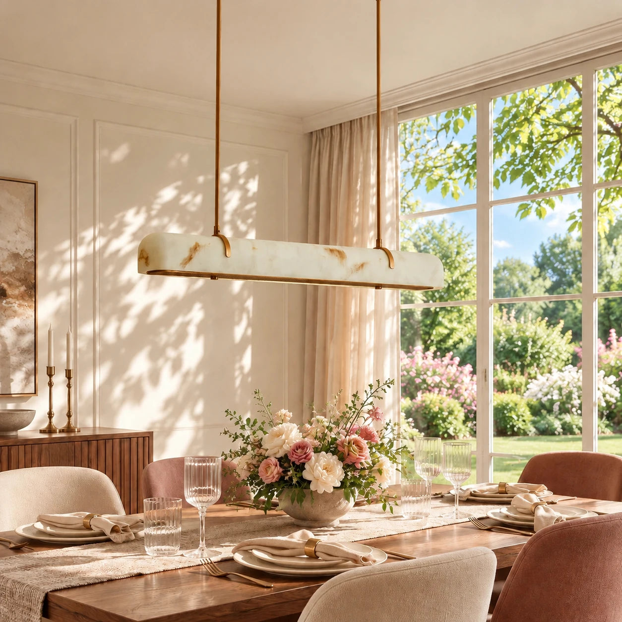 Marielle veined white glass chandelier in a sunlit garden view dining room