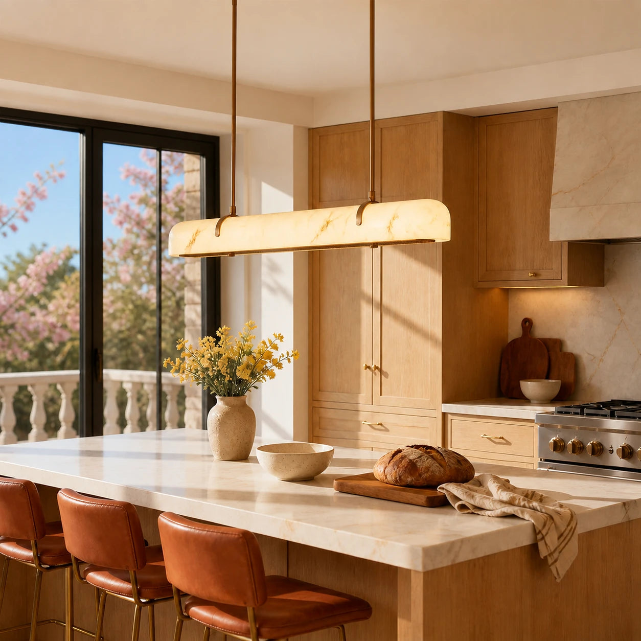 Marielle veined white glass chandelier above a sunlit kitchen island