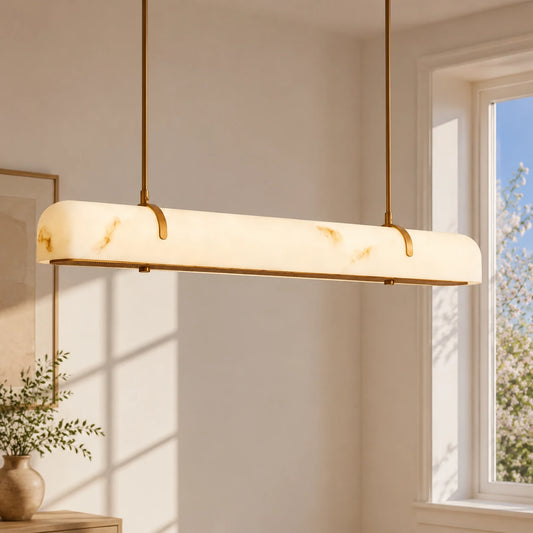 Marielle modern linear veined white glass chandelier in a bright dining room