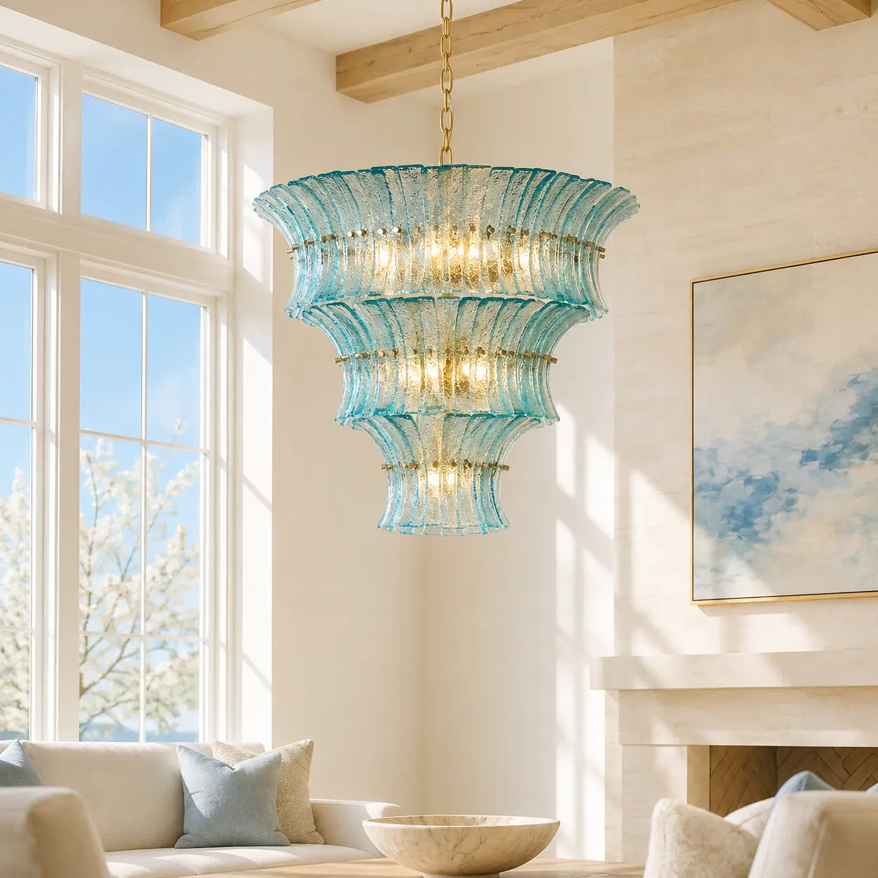 Aqua textured glass tiered chandelier in a bright high-ceiling living room
