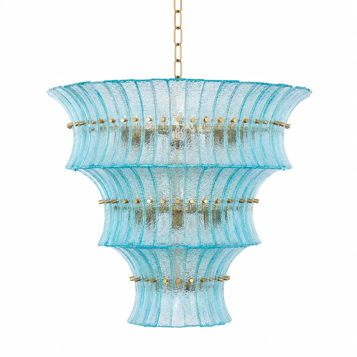 Aqua textured glass three-tier chandelier on white