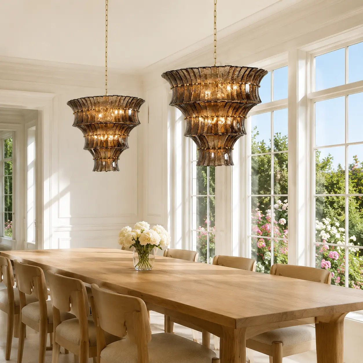 Pair of smoked amber textured glass tiered chandeliers in a sunlit dining room