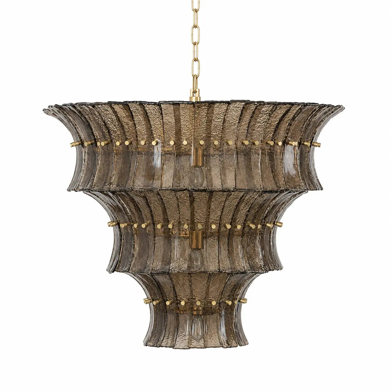 Smoked amber textured glass three-tier chandelier on white