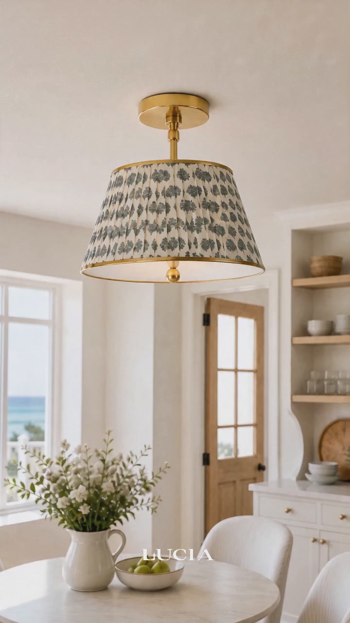 Ursula Vintage Country Brass Printed Pleated Ceiling Lamp