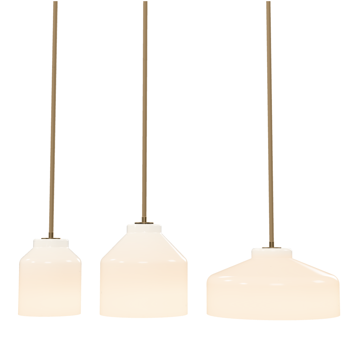 Nerys three-size lit comparison with aligned ceiling plates and shade bases