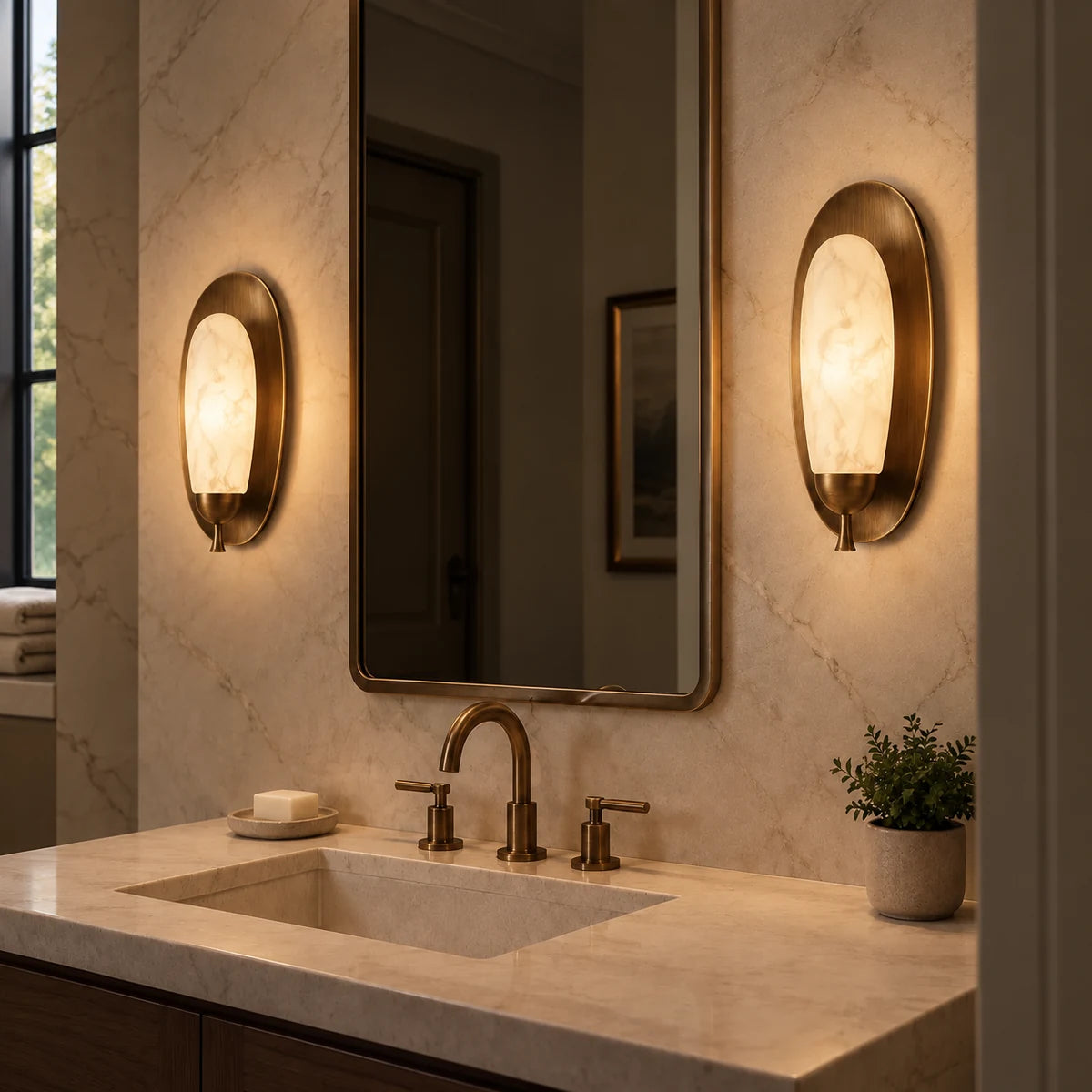 Matching antique brass alabaster Maelle sconces beside a bathroom mirror with visible wall stand-off