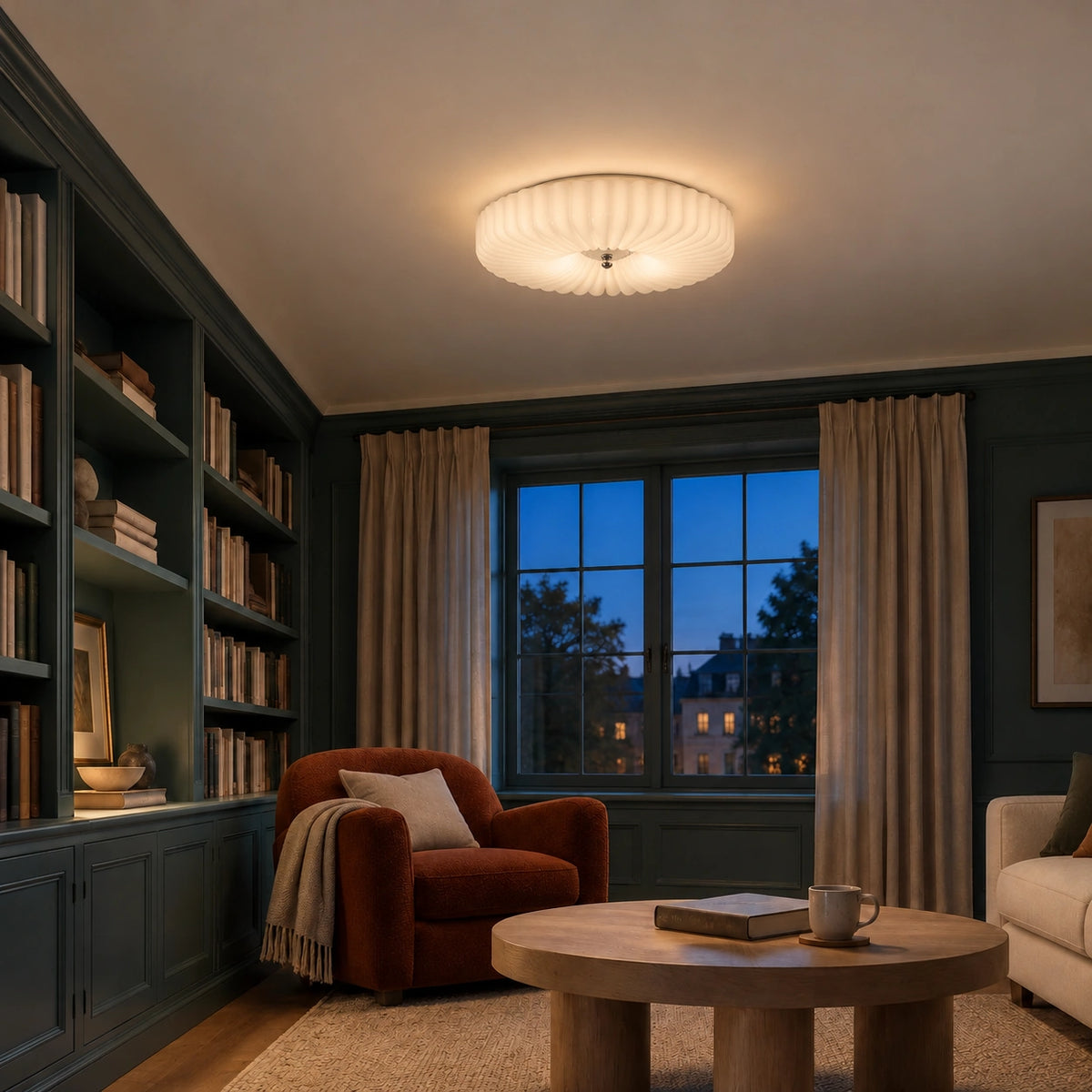 Maelis 40 cm white scalloped glass ceiling light in a blue-hour library