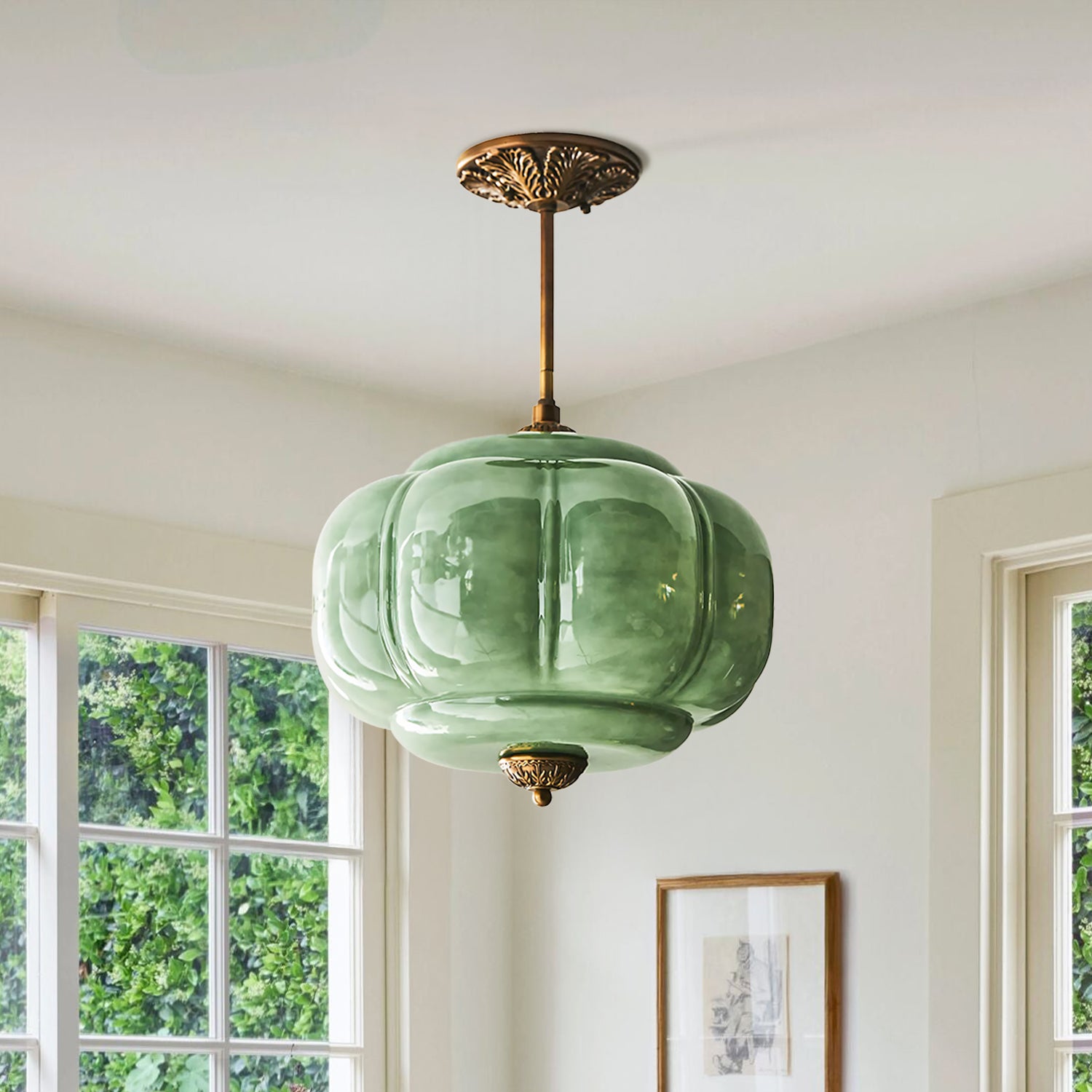 Lumi Antique Brass Green Glass Pumpkin Semi-Flush Mount Eloise Pendant