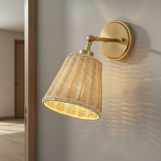 Lunaris Rustic Rattan Cone Swing Arm Wall Sconce