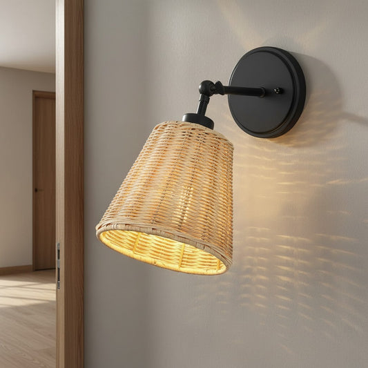 Lunaris Rustic Rattan Cone Swing Arm Wall Sconce
