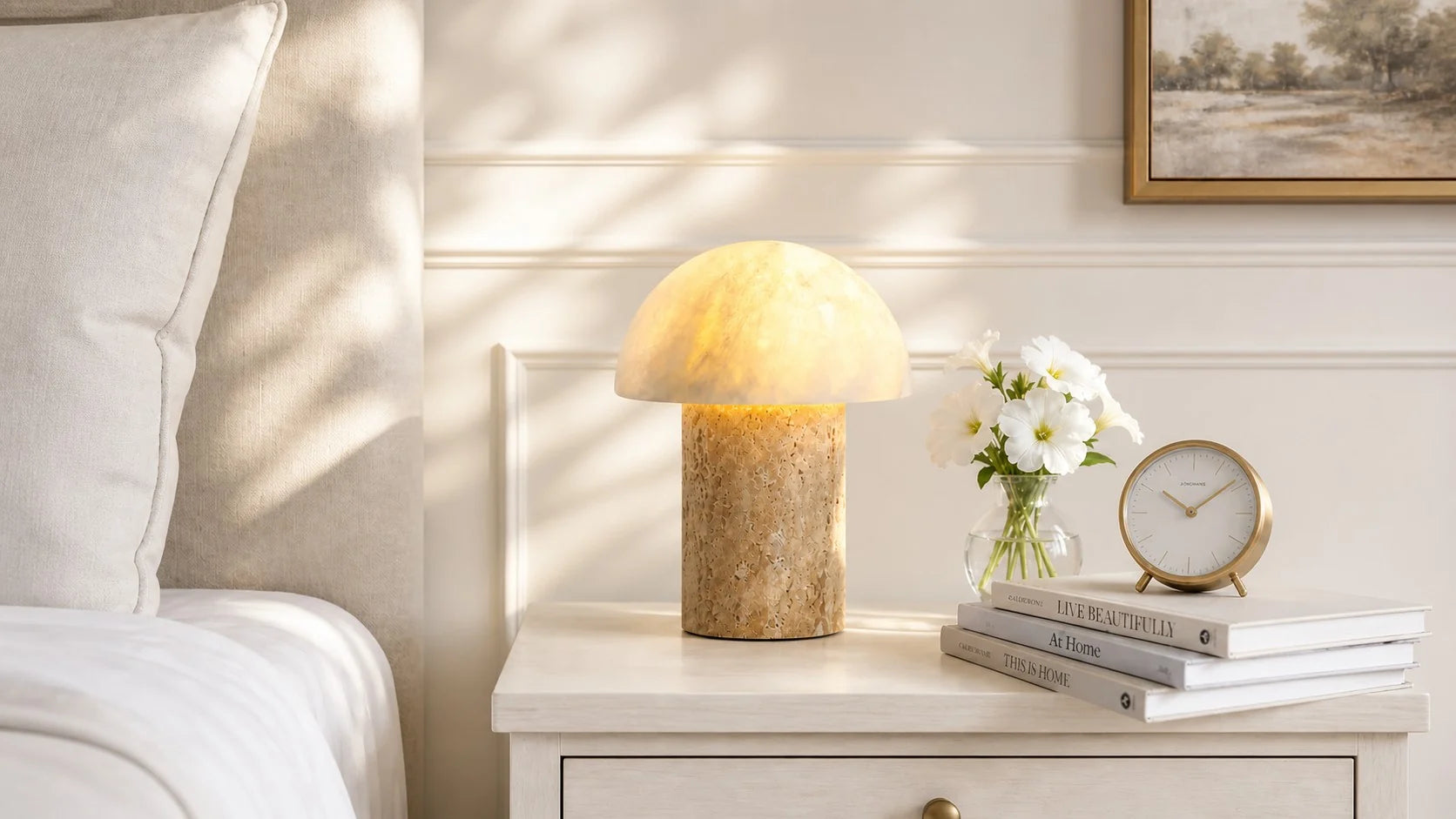 Travertine table light by a bed
