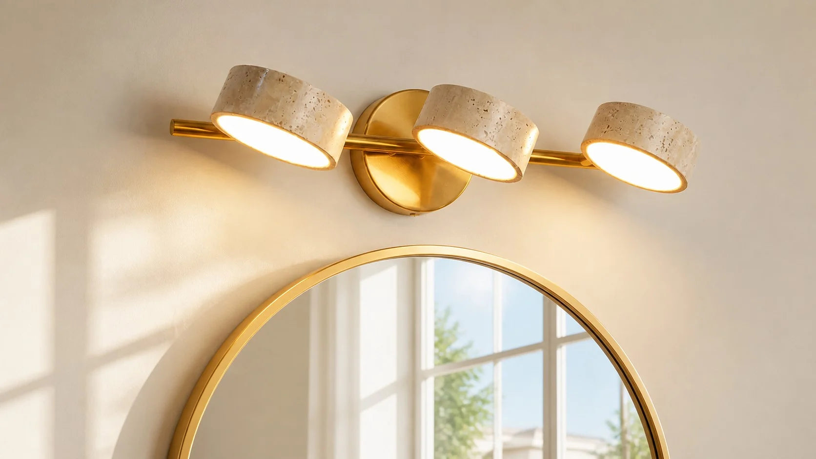 Travertine wall light by a mirror