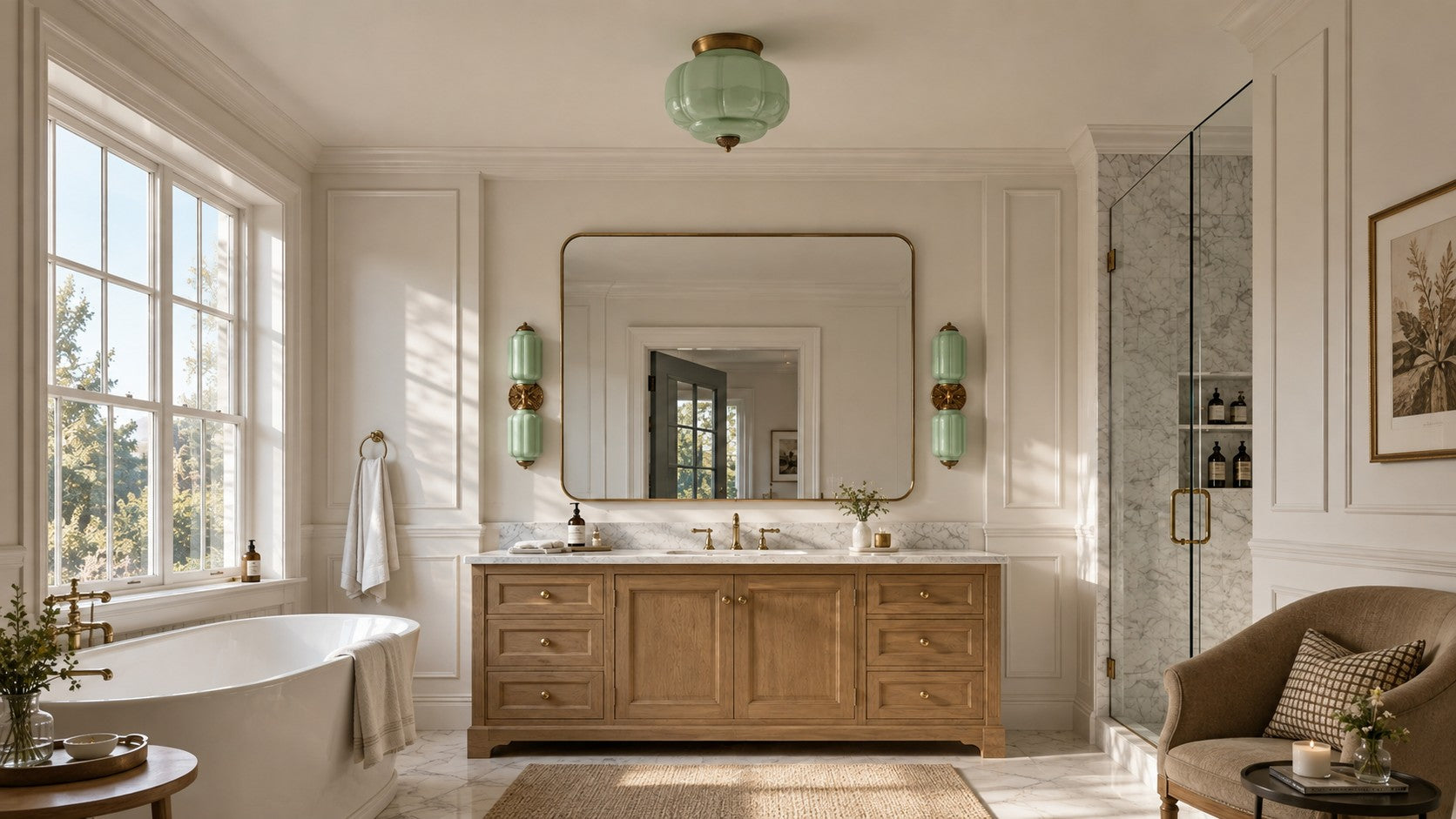 Bathroom with a green Lumi ceiling light and Eloise vanity lights