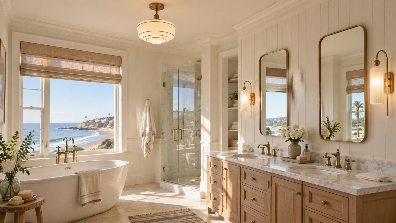 Bathroom with a Talos ceiling light and Azura wall lights
