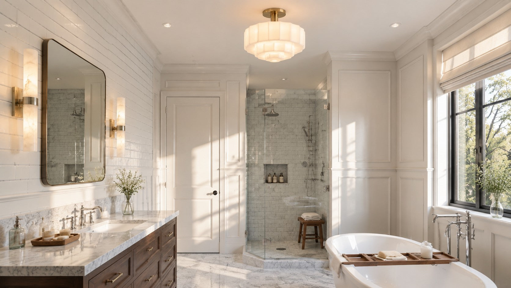 Bathroom with a Wren ceiling light and Dani alabaster wall lights
