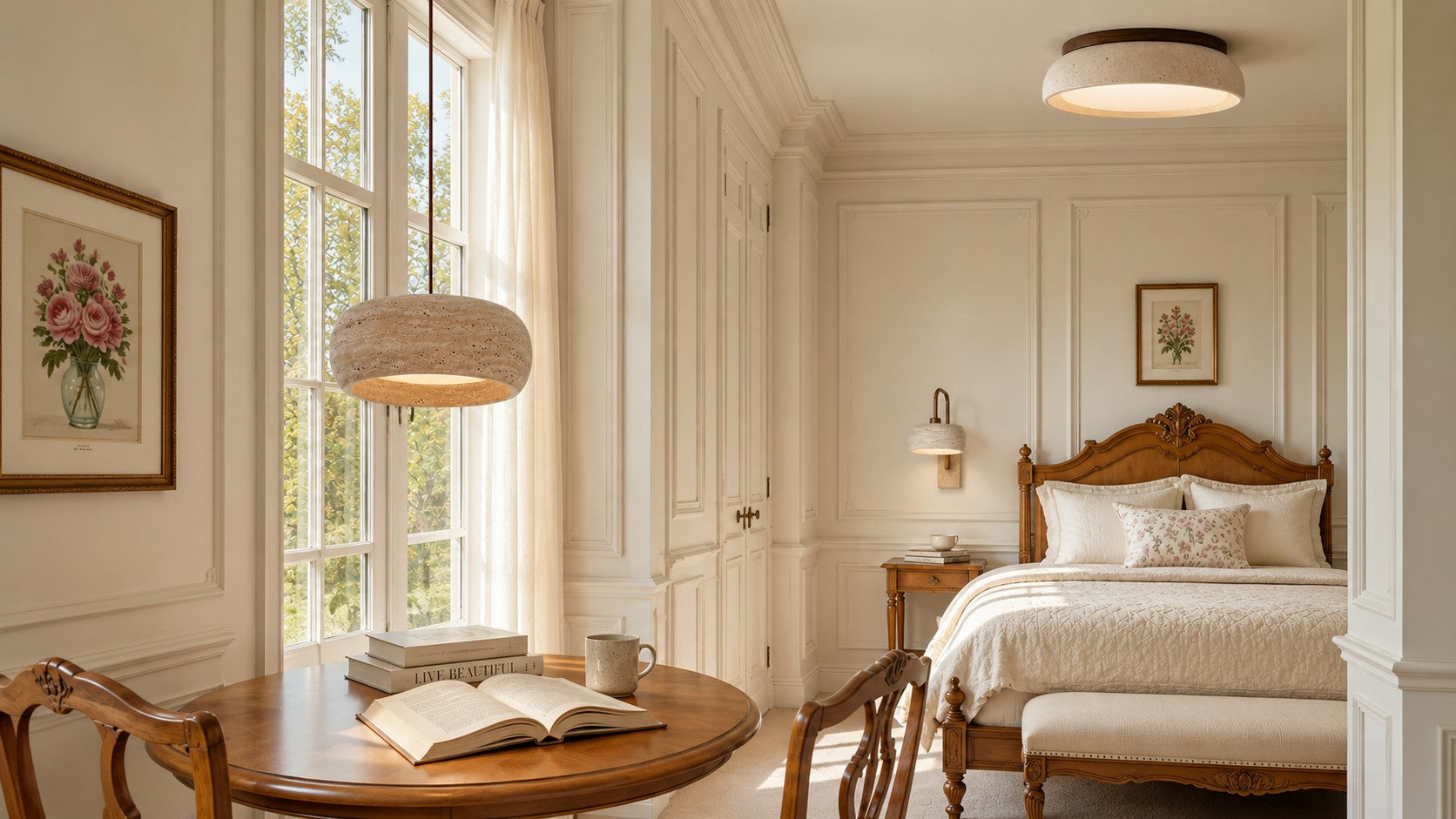 Bedroom with a travertine ceiling light, Tavik wall light and Kairi pendant