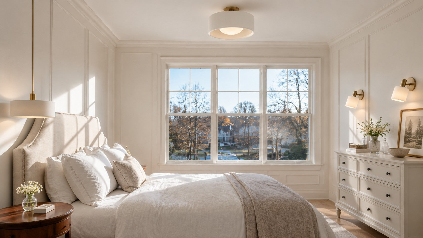 Bedroom with coordinated porcelain ceiling, wall and pendant lights