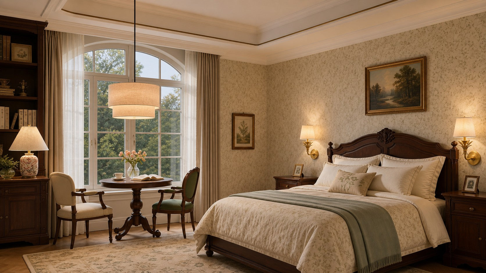 Bedroom with a Beck chandelier, Zoriel wall light and Plabo table lamp