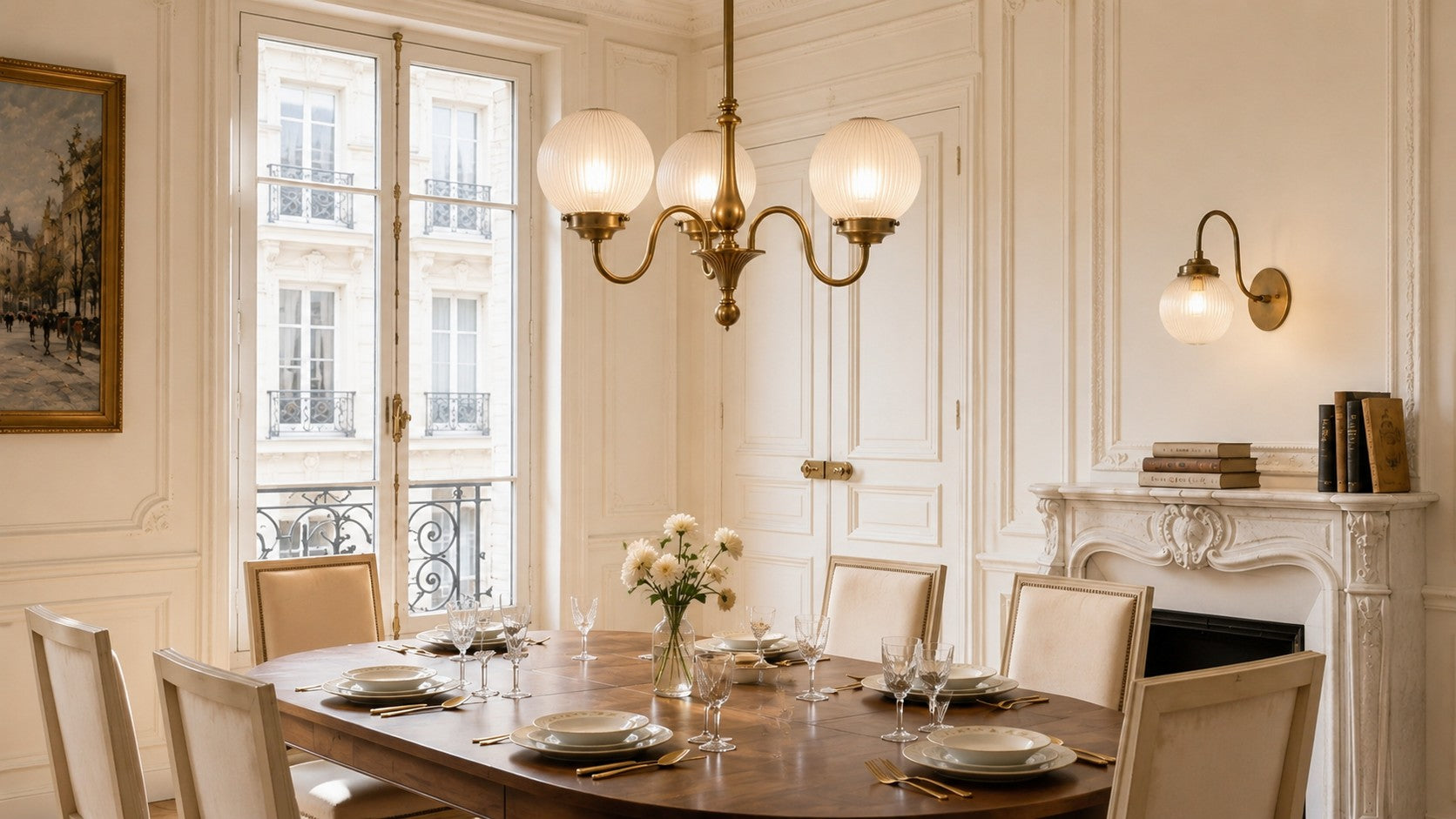 Dining room with an Evelyne chandelier and Wesley wall light