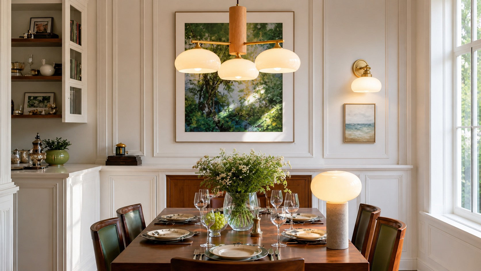 Dining room with a Norev chandelier, Geryon wall light and Caelan table light