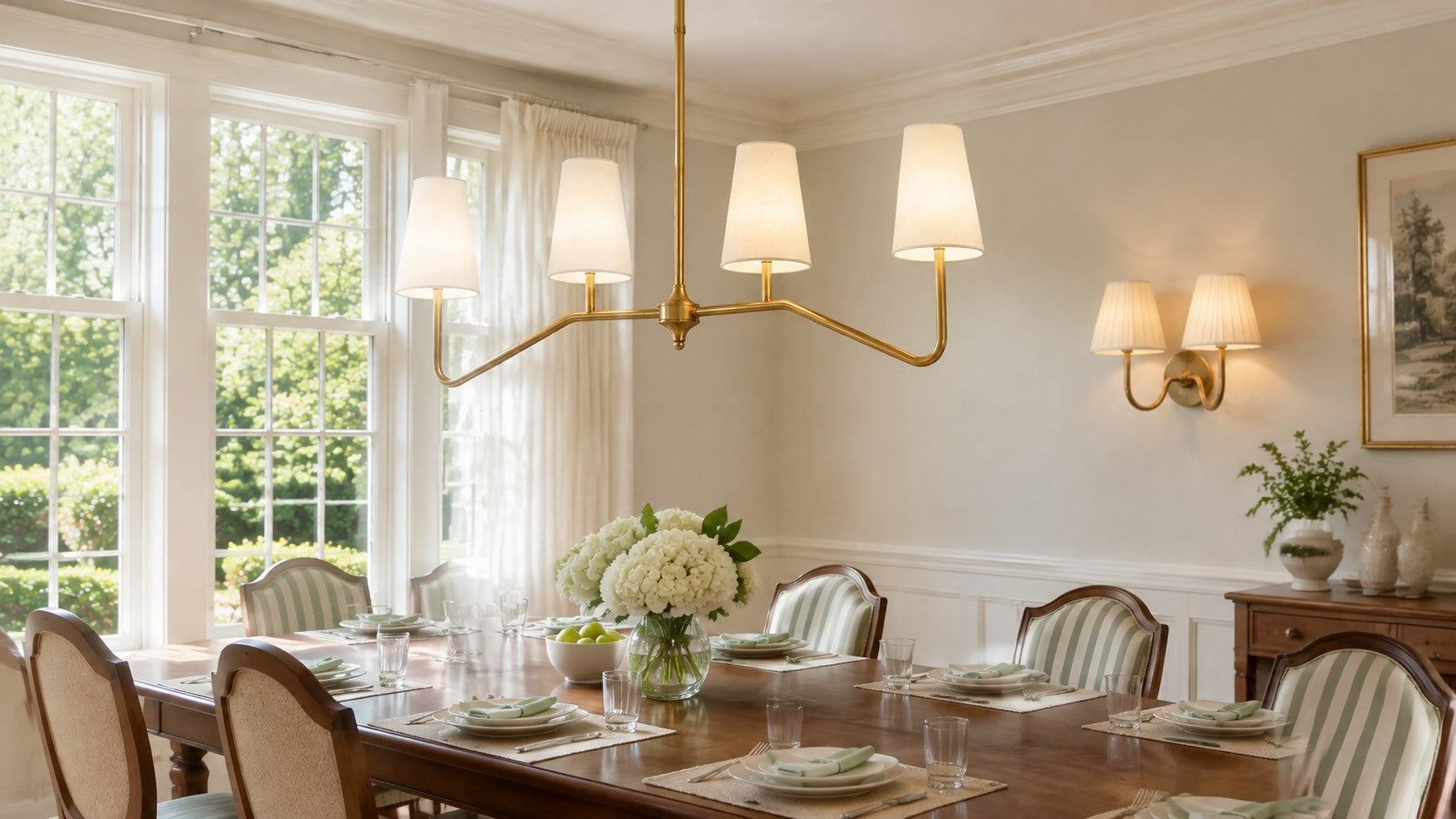Dining room with a Clover chandelier and Tansy wall light