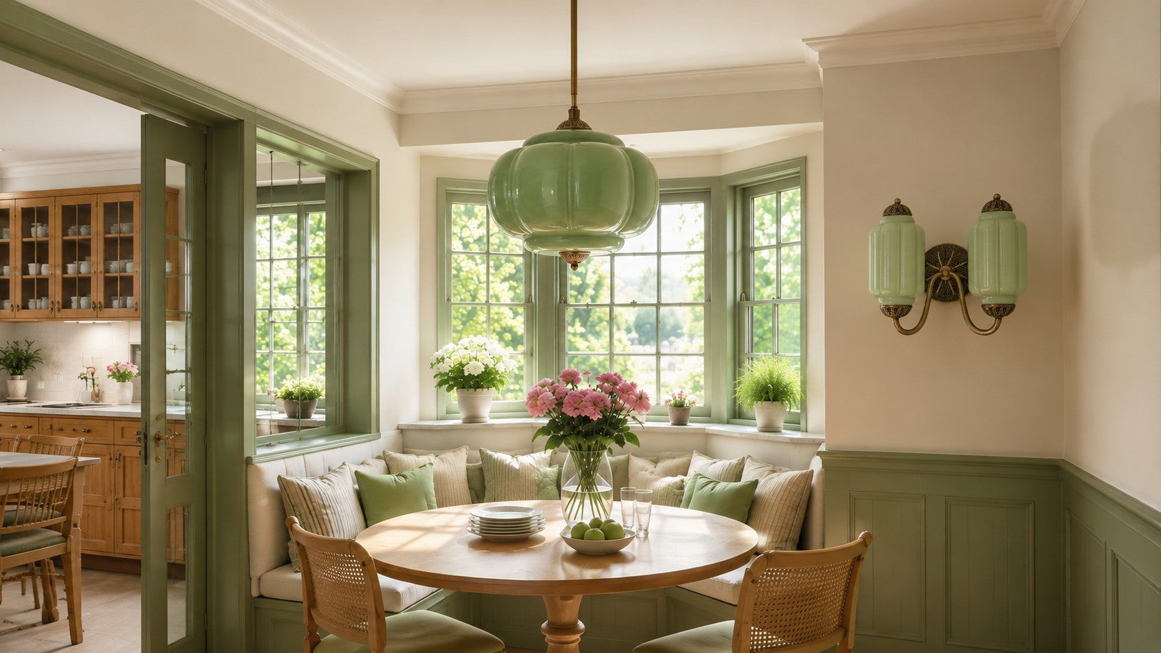 Dining nook with a green Lumi pendant and green double-shade Eloise wall light