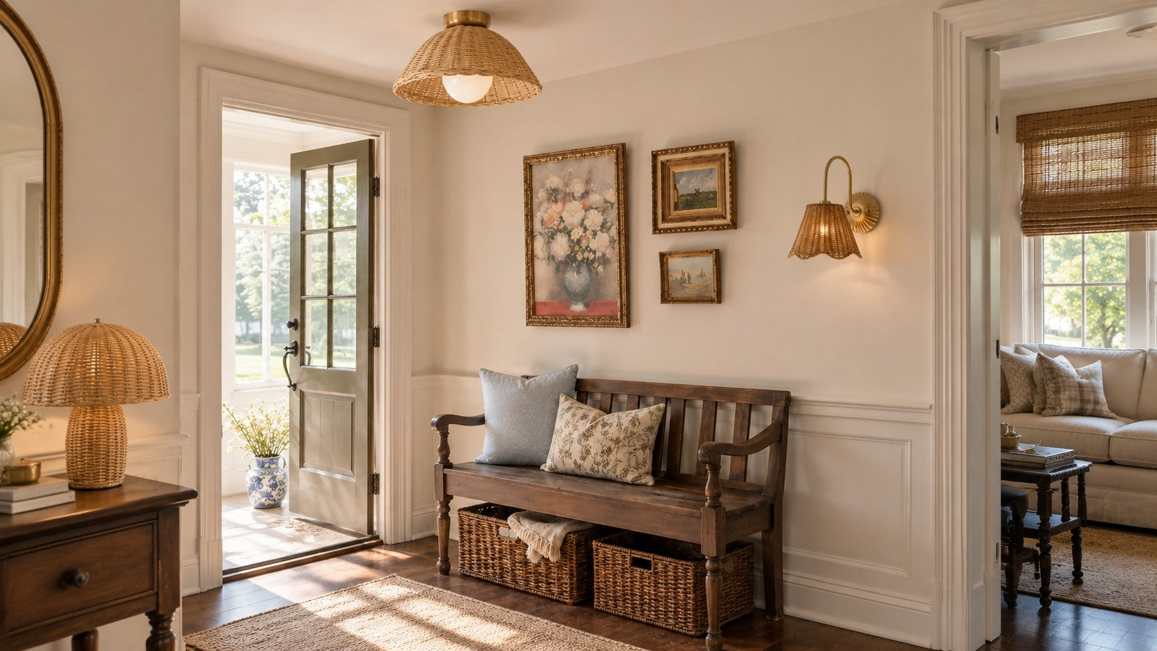 Entryway with Briseis ceiling light, Daryn wall light and Alora table light
