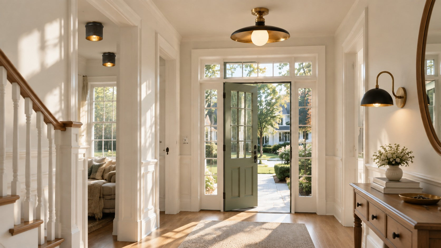 Entryway with Ansel ceiling light, brass dome wall light and industrial ceiling light