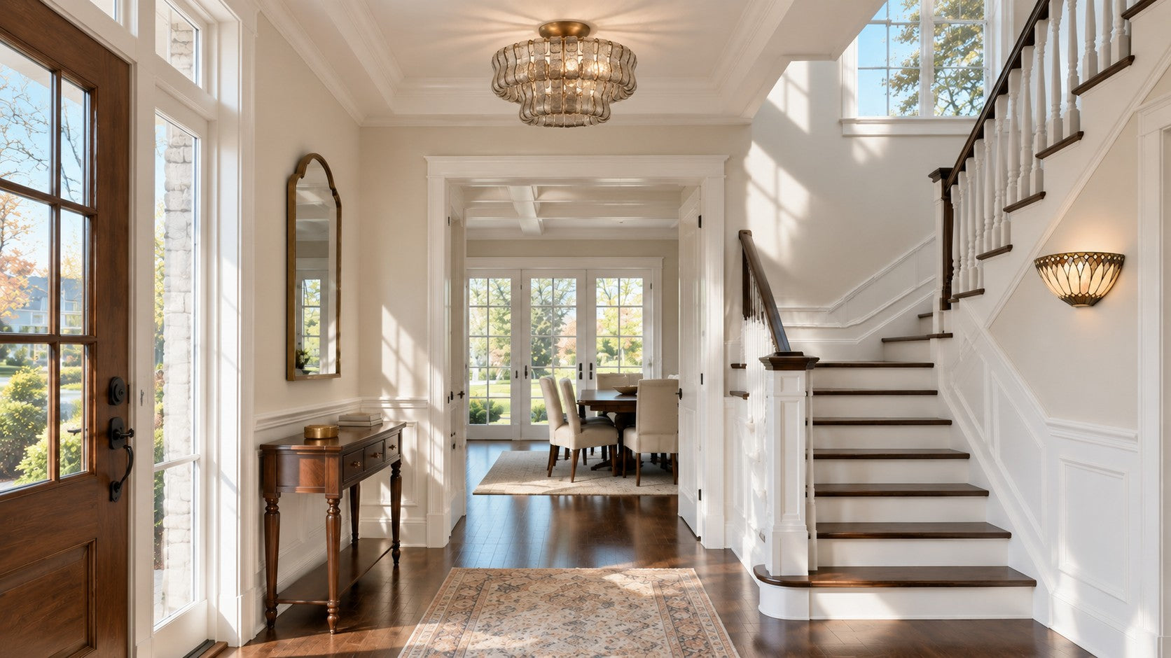 Entryway with an Anew glass ceiling light and Livia stained glass wall light