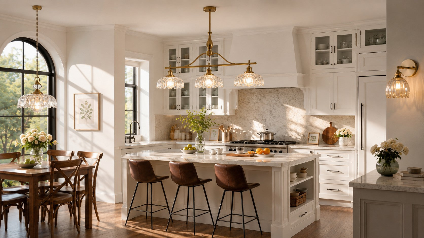 Bright kitchen with a Rowan chandelier, Sylvie pendant and Gannon wall light