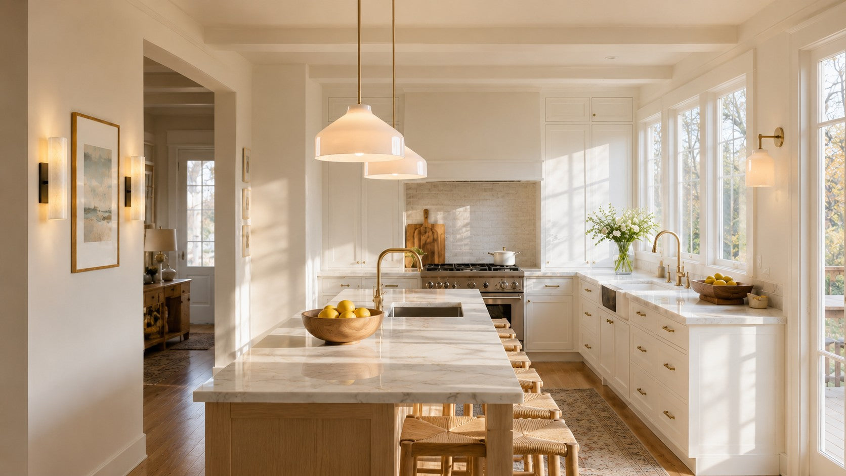 Bright kitchen with Nerys pendants and coordinated Doran and Nerys wall lights