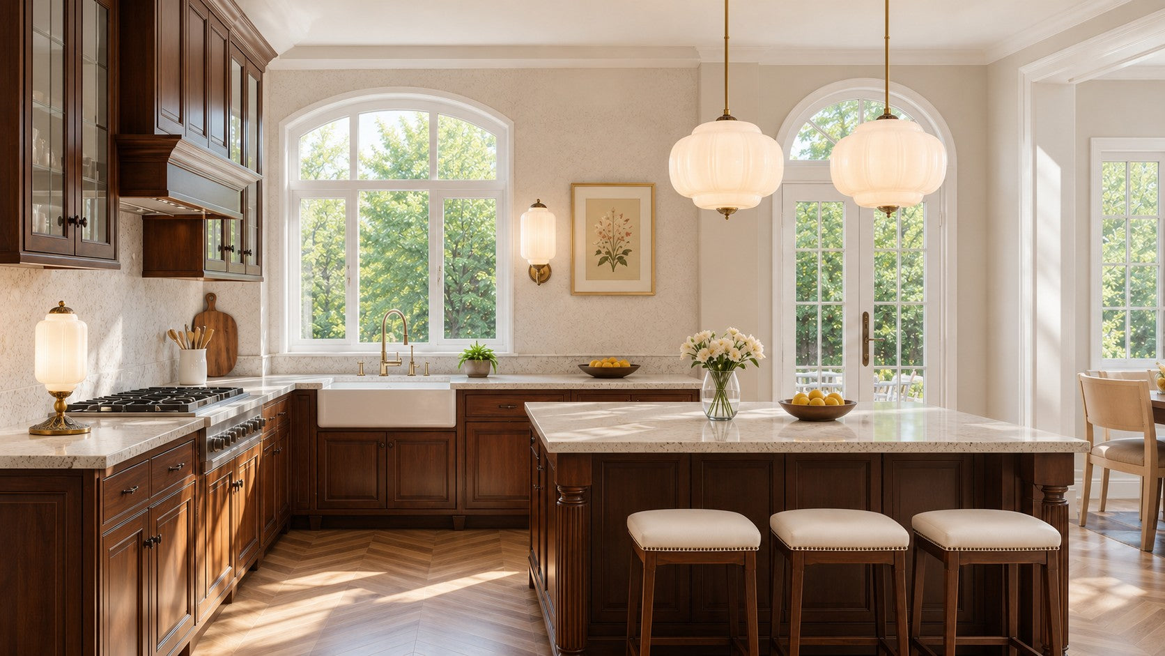 Bright kitchen with milk-glass Lumi pendants, a Lumi wall light and Corvelle table light