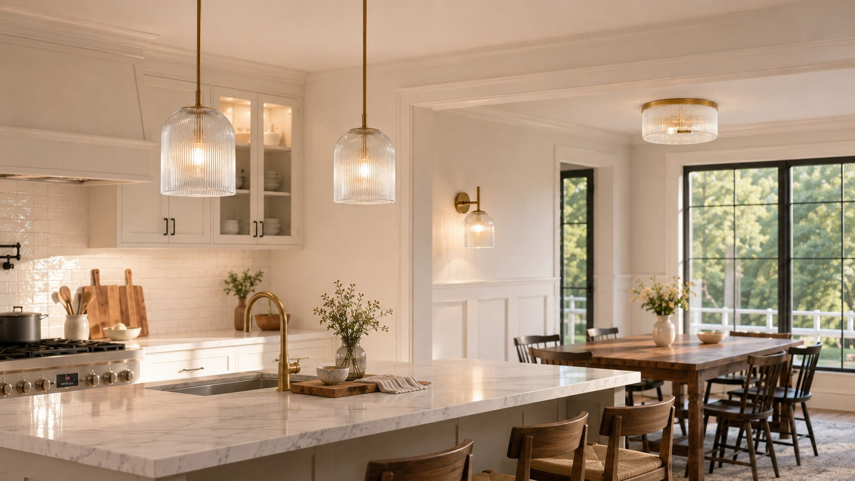 Bright kitchen with Vireo pendant and wall lights plus a Vesper ceiling light