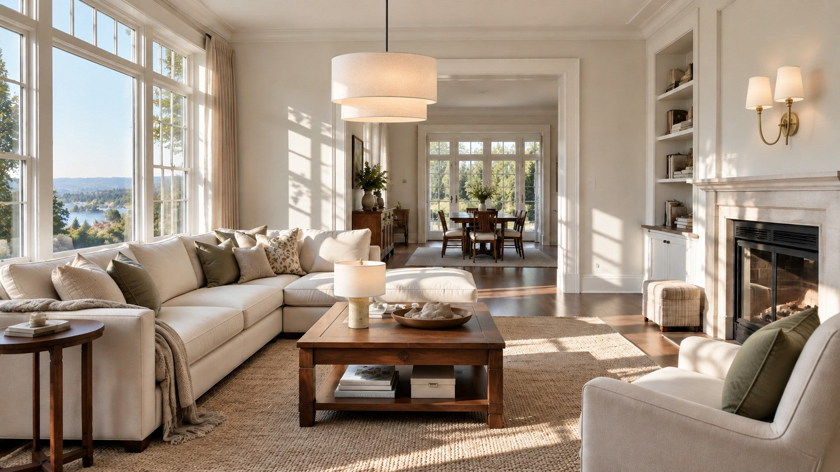 Living room with a Beck chandelier, Hollis wall light and Marnie table light