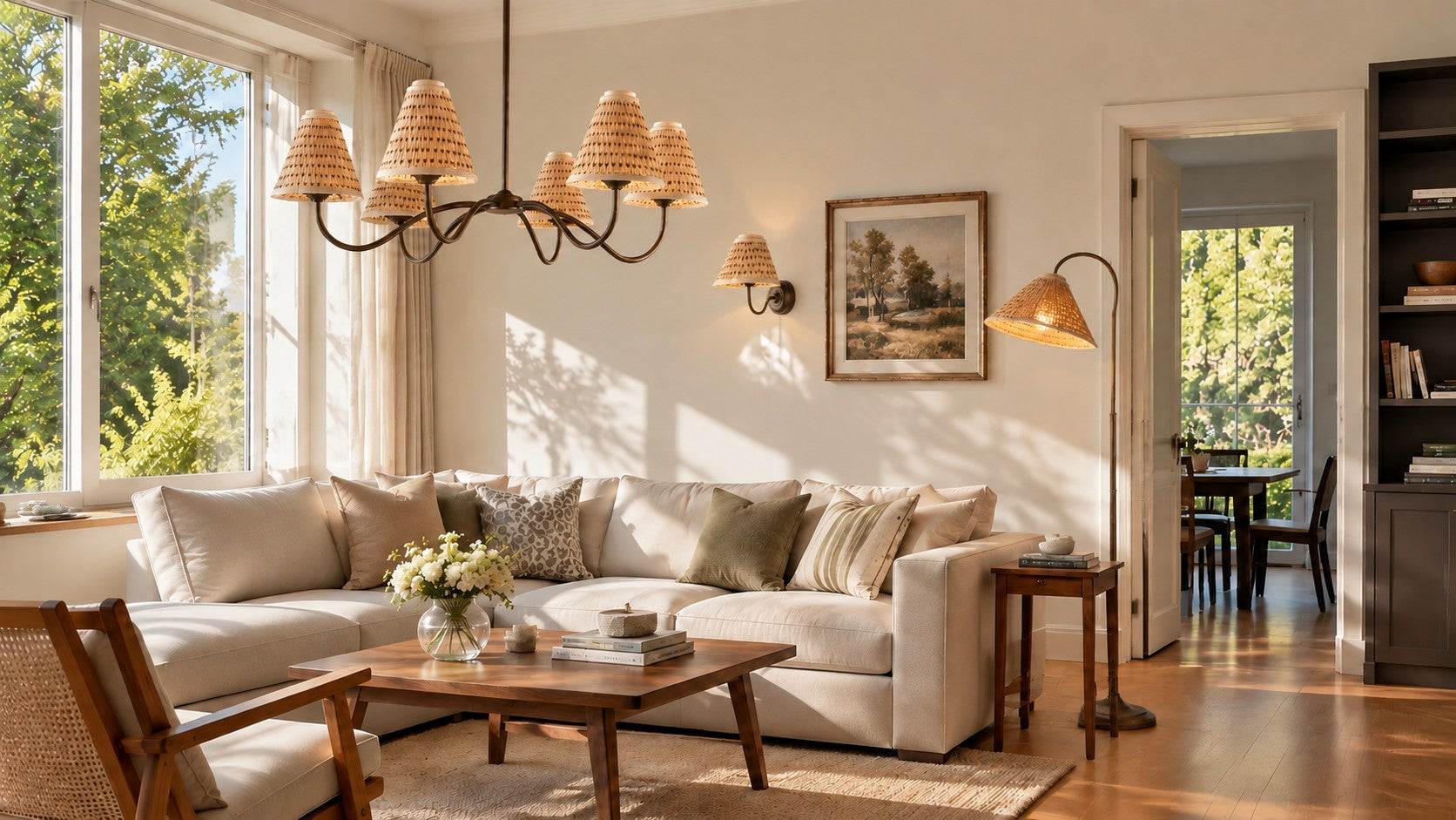 Living room with coordinated pleated chandelier, floor light and wall light