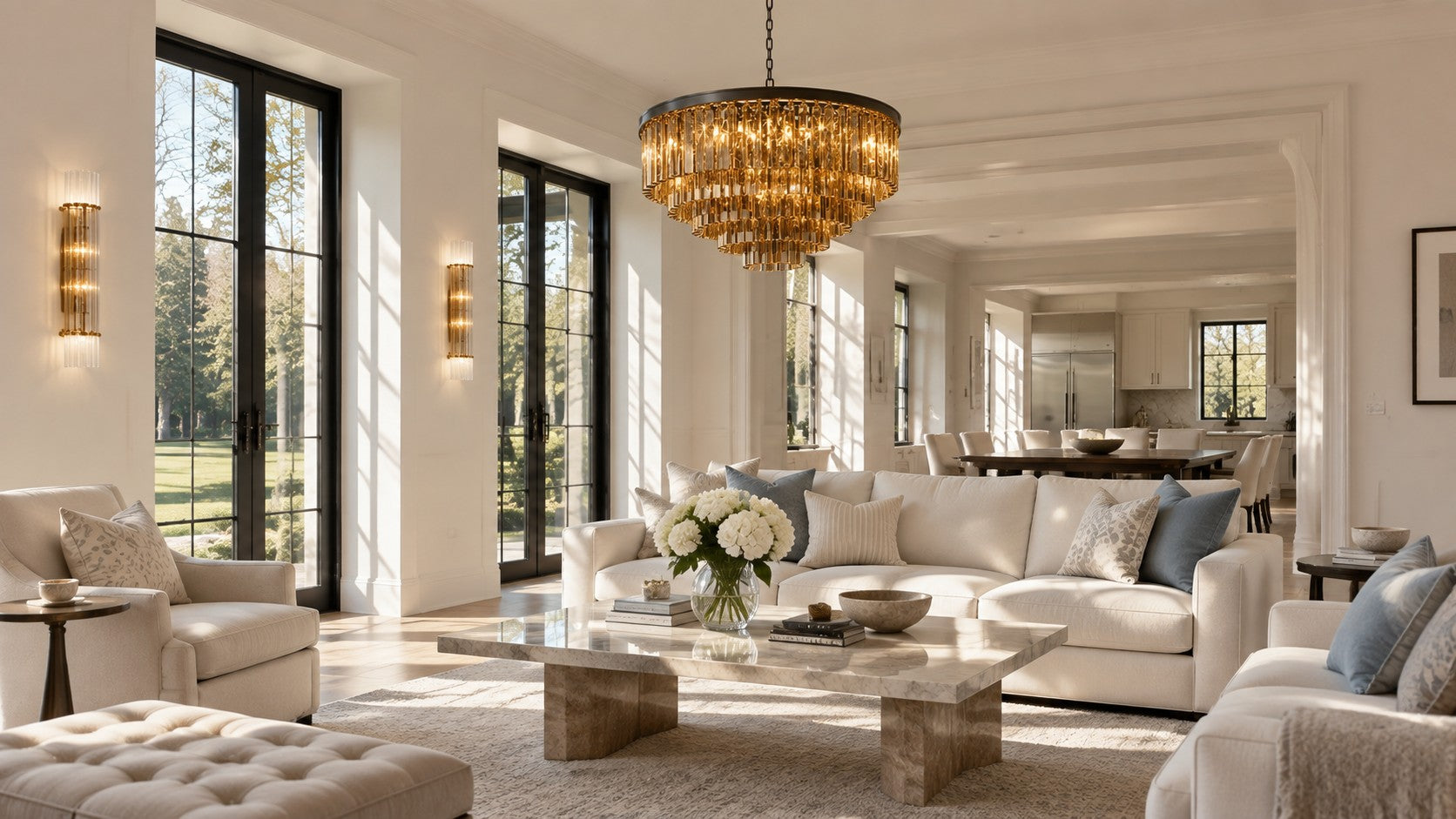 Living room with a Kira crystal chandelier and Merrick crystal wall lights